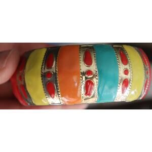 Vintage 90s Enamel Bangle Bracelet Colorful Red Yellow Turquoise Orange Boho